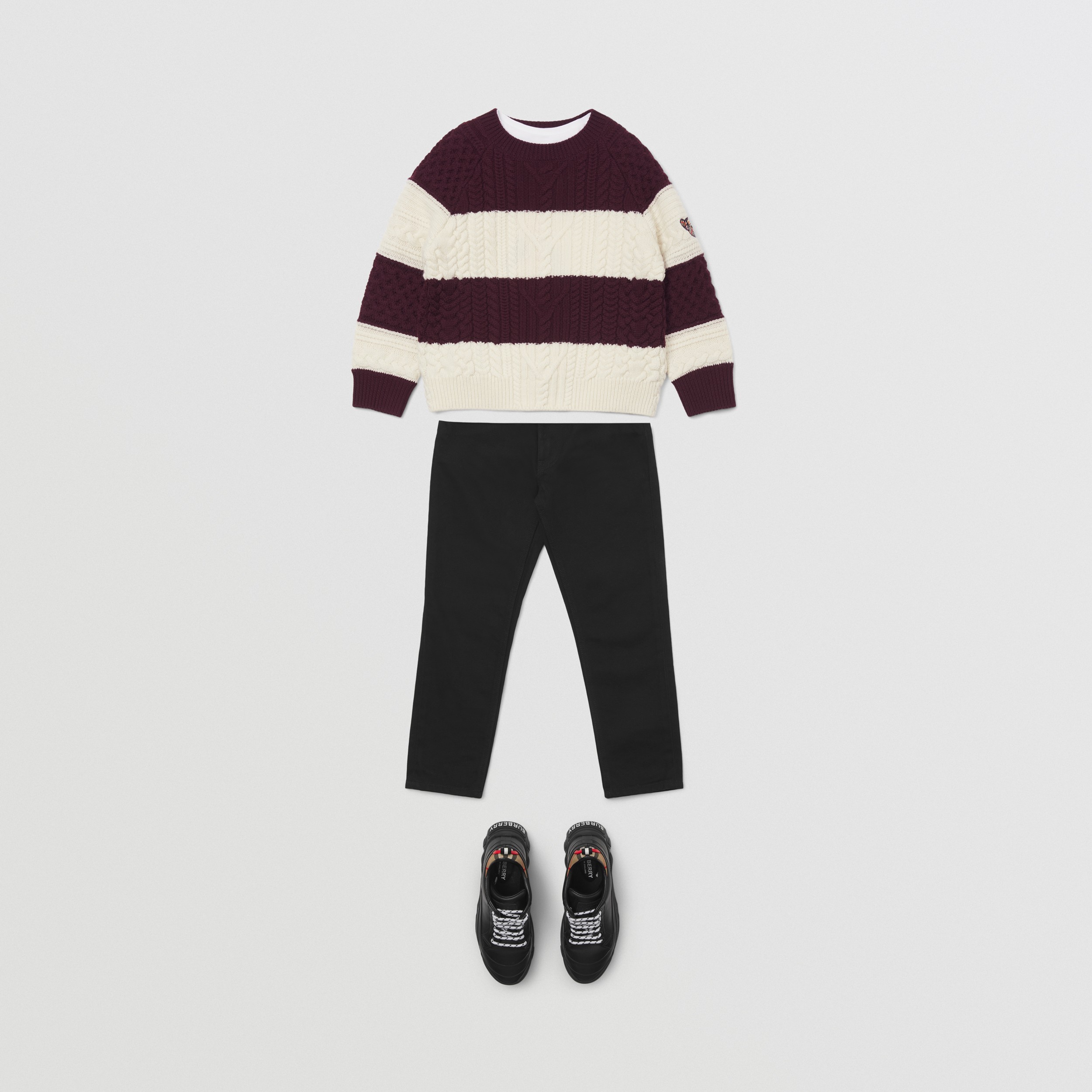 Cable Knit Striped Wool Blend Sweater in Burgundy/white | Burberry® Official - 3