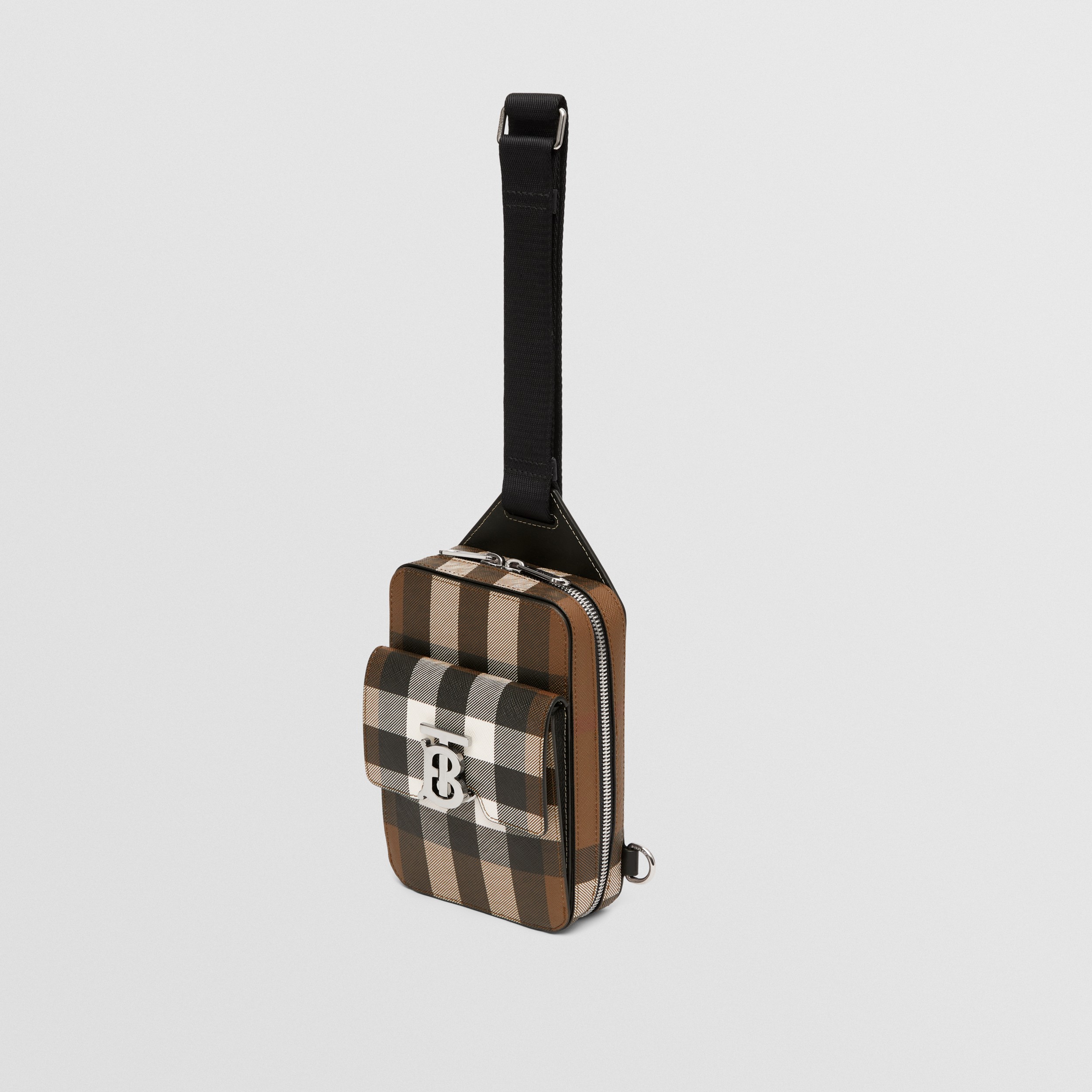 モノグラムモチーフ チェック&レザー クロスボディバッグ (ダークバーチブラウン) - メンズ | Burberry®公式サイト