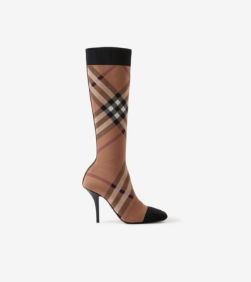 Knitted Check Sock Boots in Birch Brown Women Burberry® Official