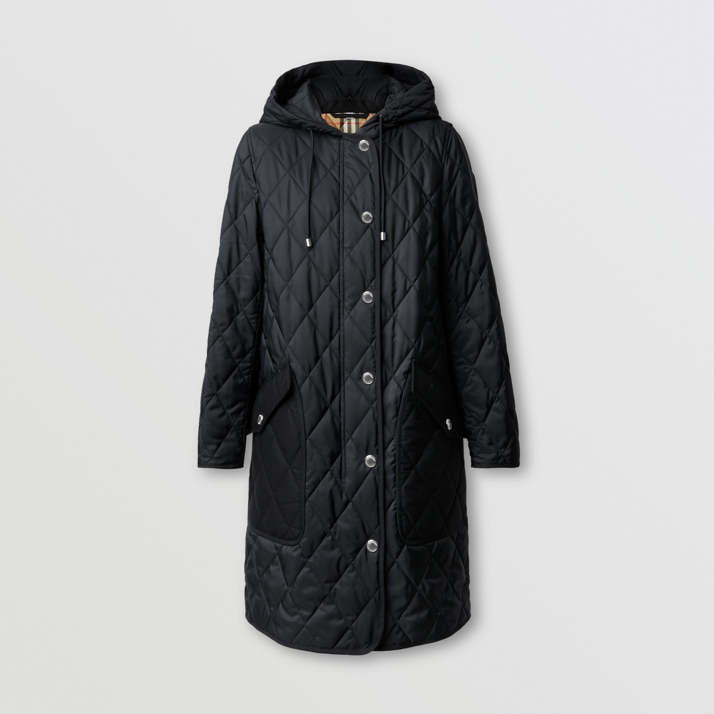 Diamond Quilted Thermoregulated Hooded Coat in Black - Women ...