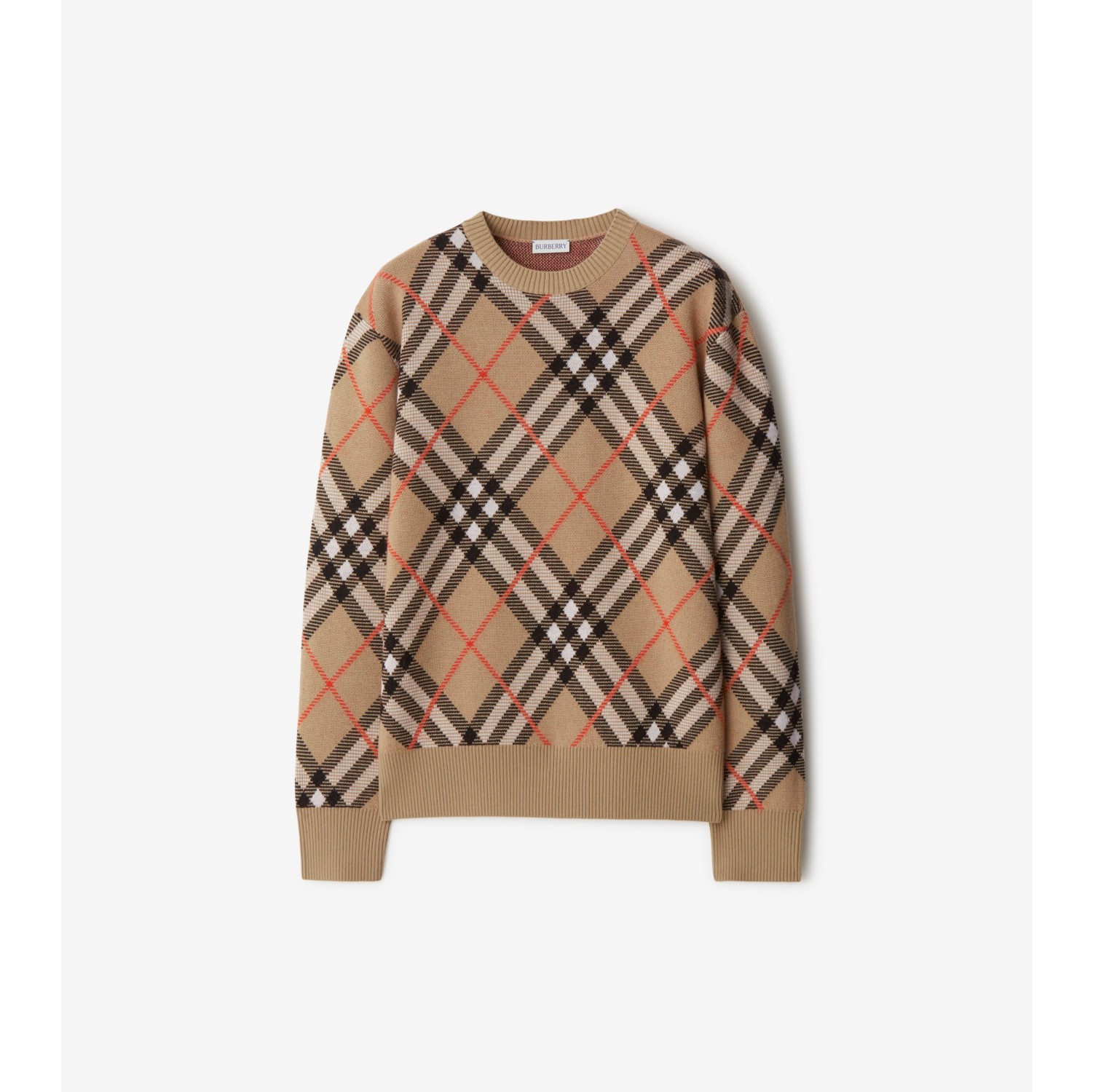 Check Wool Blend Sweater in Sand Men Mohair Nylon Burberry Official