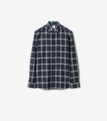 Check Cotton Shirt in Navy Men Burberry Official