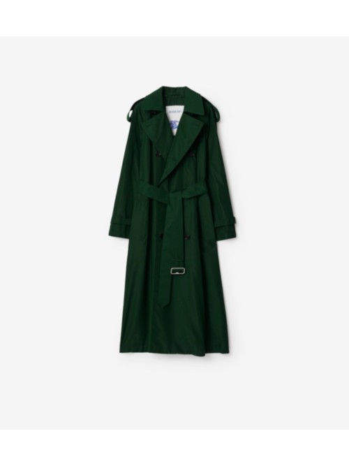 Burberry Long Silk Trench Coat In Green