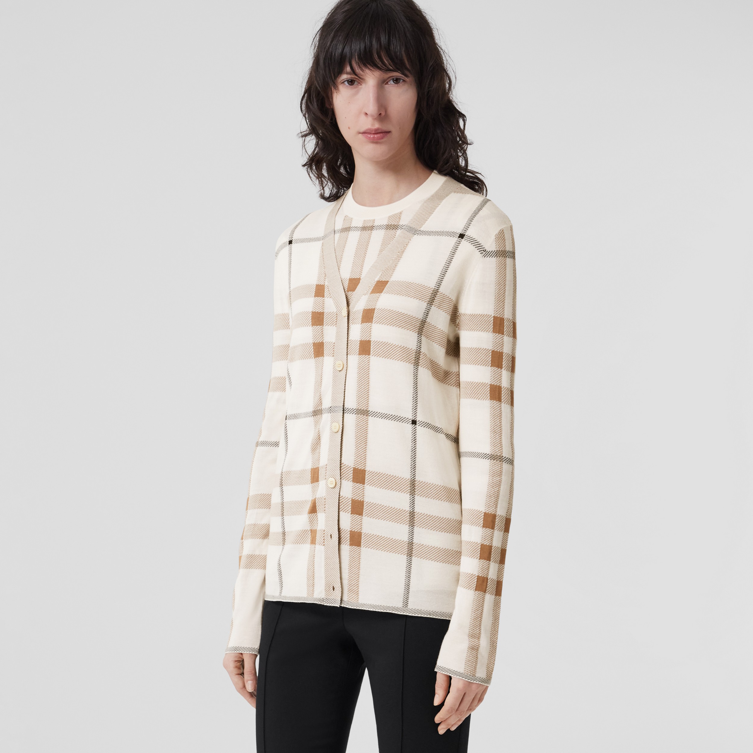 Check Intarsia Wool Silk Cotton Cardigan in Soft Sand - Women | Burberry® Official - 1