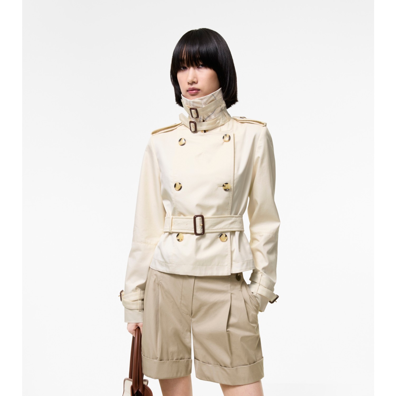 Giacca trench cropped in gabardine tropicale