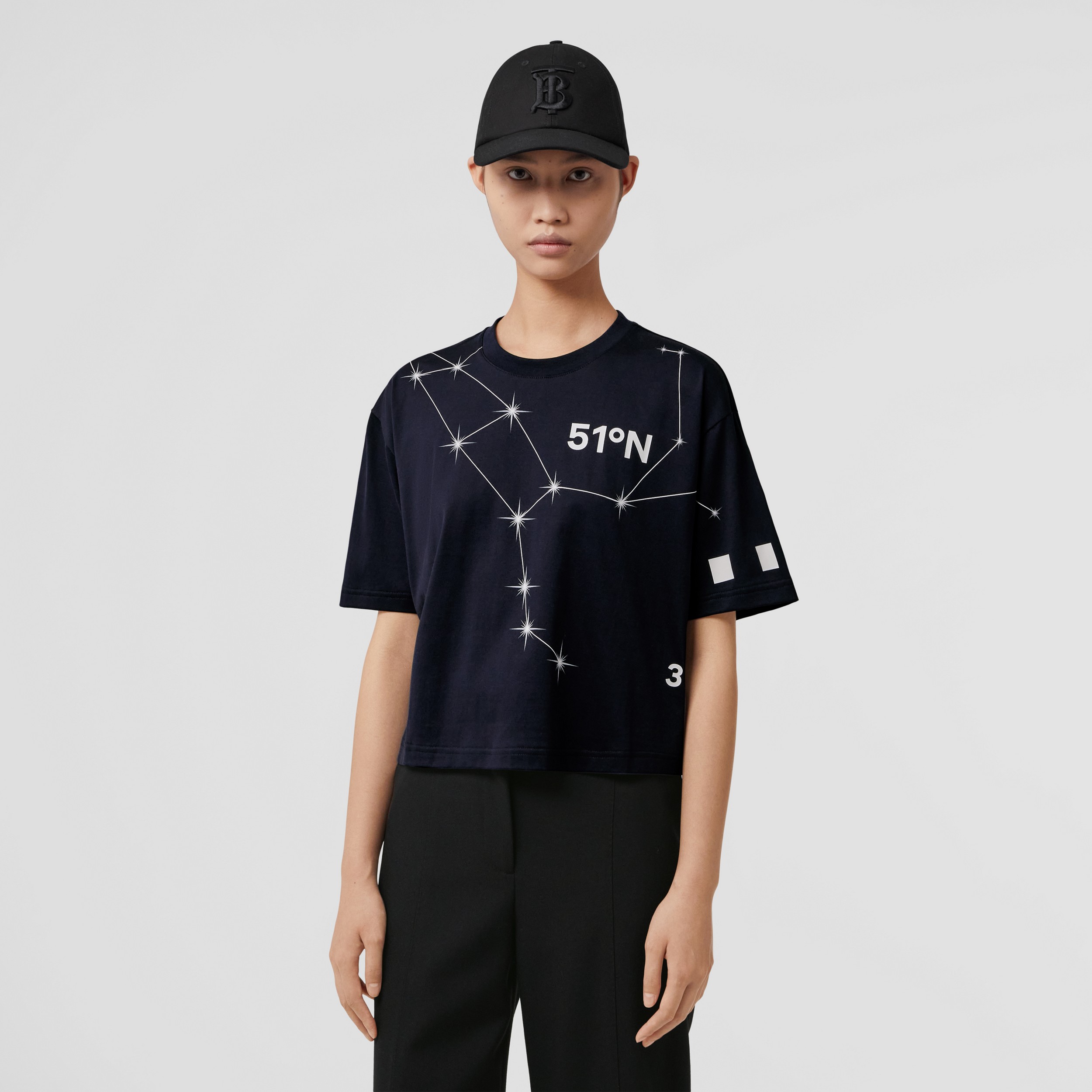 Constellation Print Cotton Cropped T-shirt in Dark Charcoal Blue - Women | Burberry® Official - 1