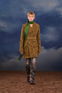 Burberry SS26 Show model Louis Cazemage wearing a Paisley perforated suede trench coat and Leather Tone boots