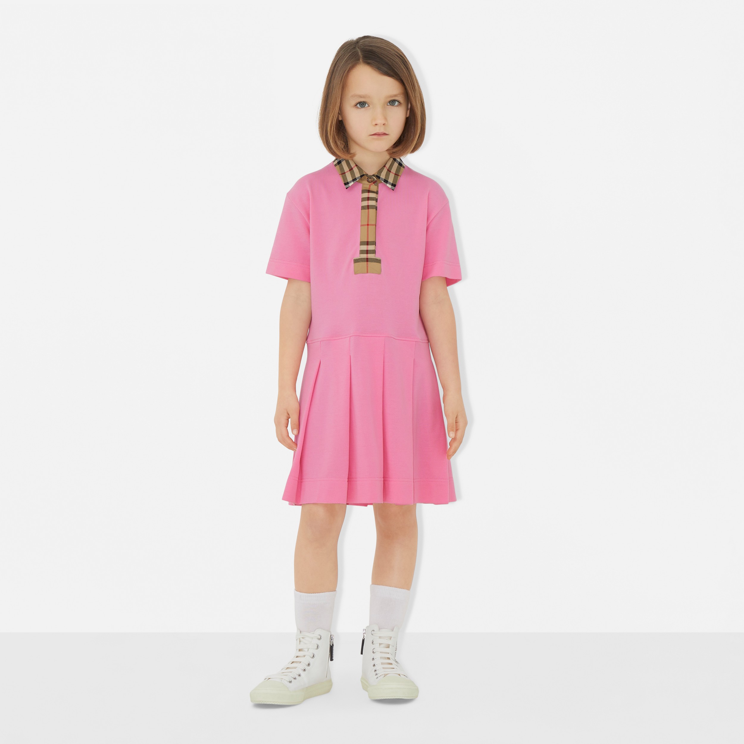 Vintage Check Trim Cotton Polo Shirt Dress in Bubblegum Pink | Burberry® Official - 3