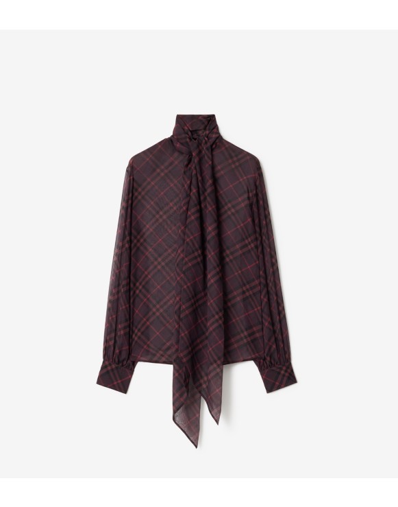 Check Silk Scarf Blouse
