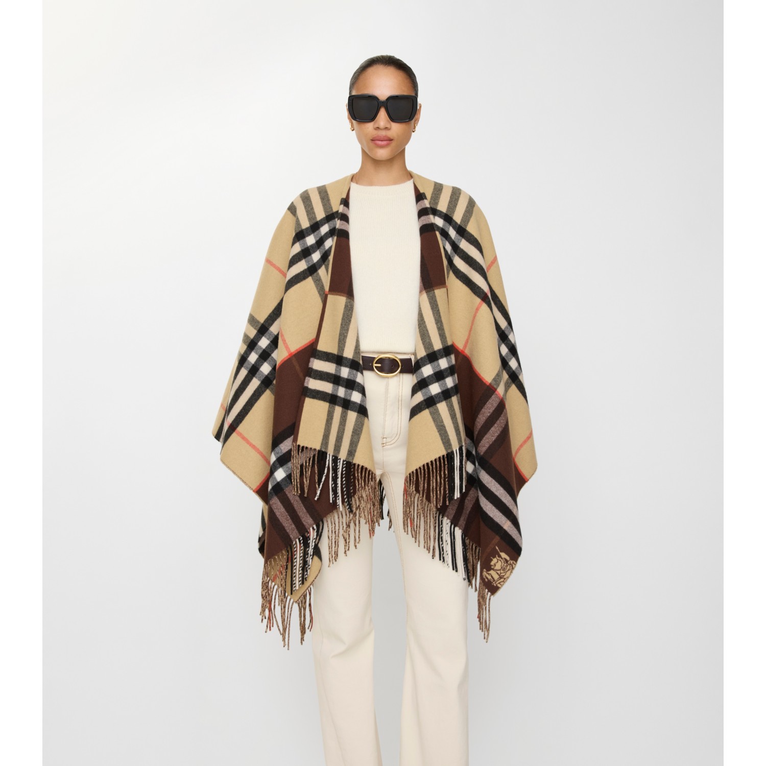 Contrast Check Cashmere Wool Cape - thumbnail 2