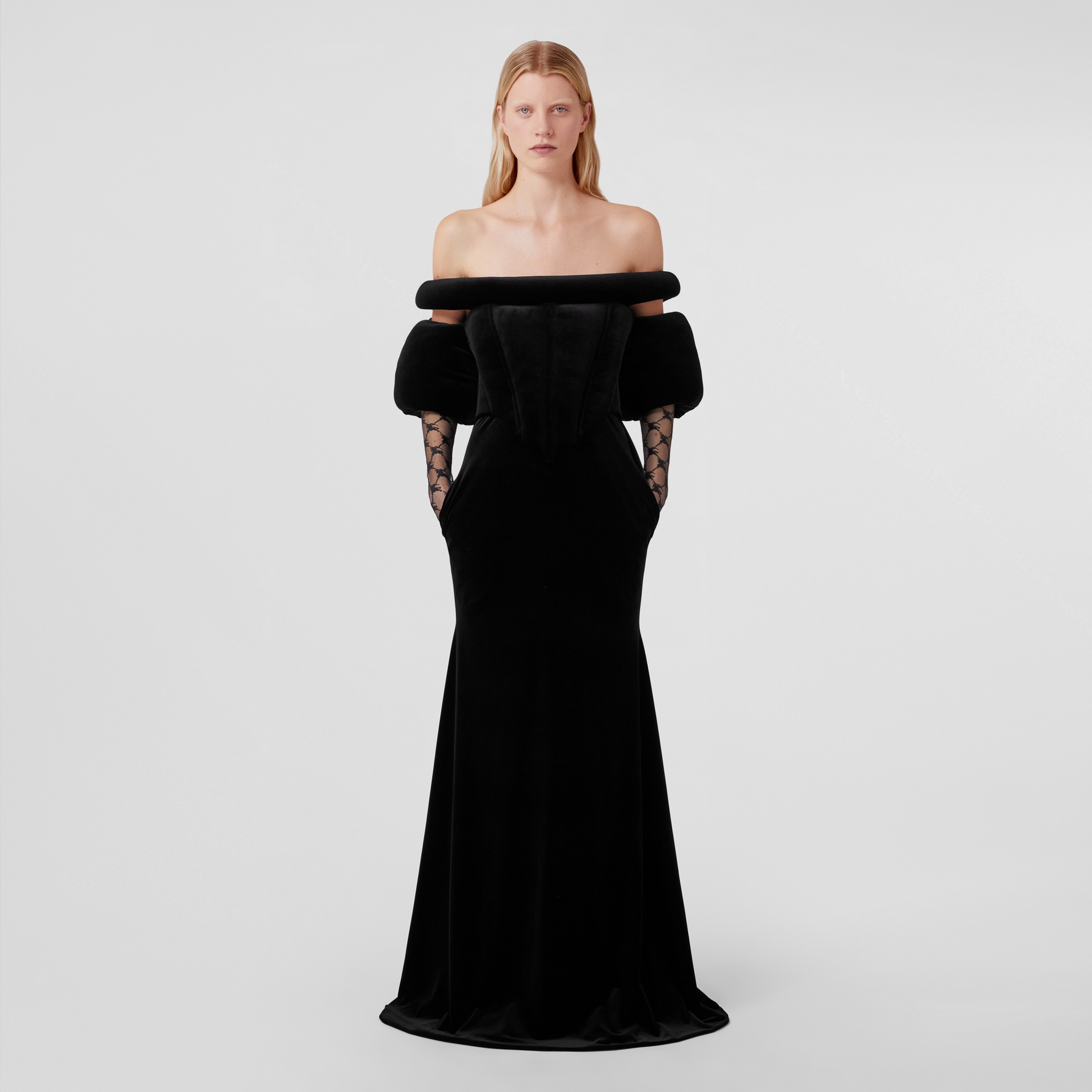 Bow Detail Stretch Velvet Gown in Black - Women | Burberry® Official - 4