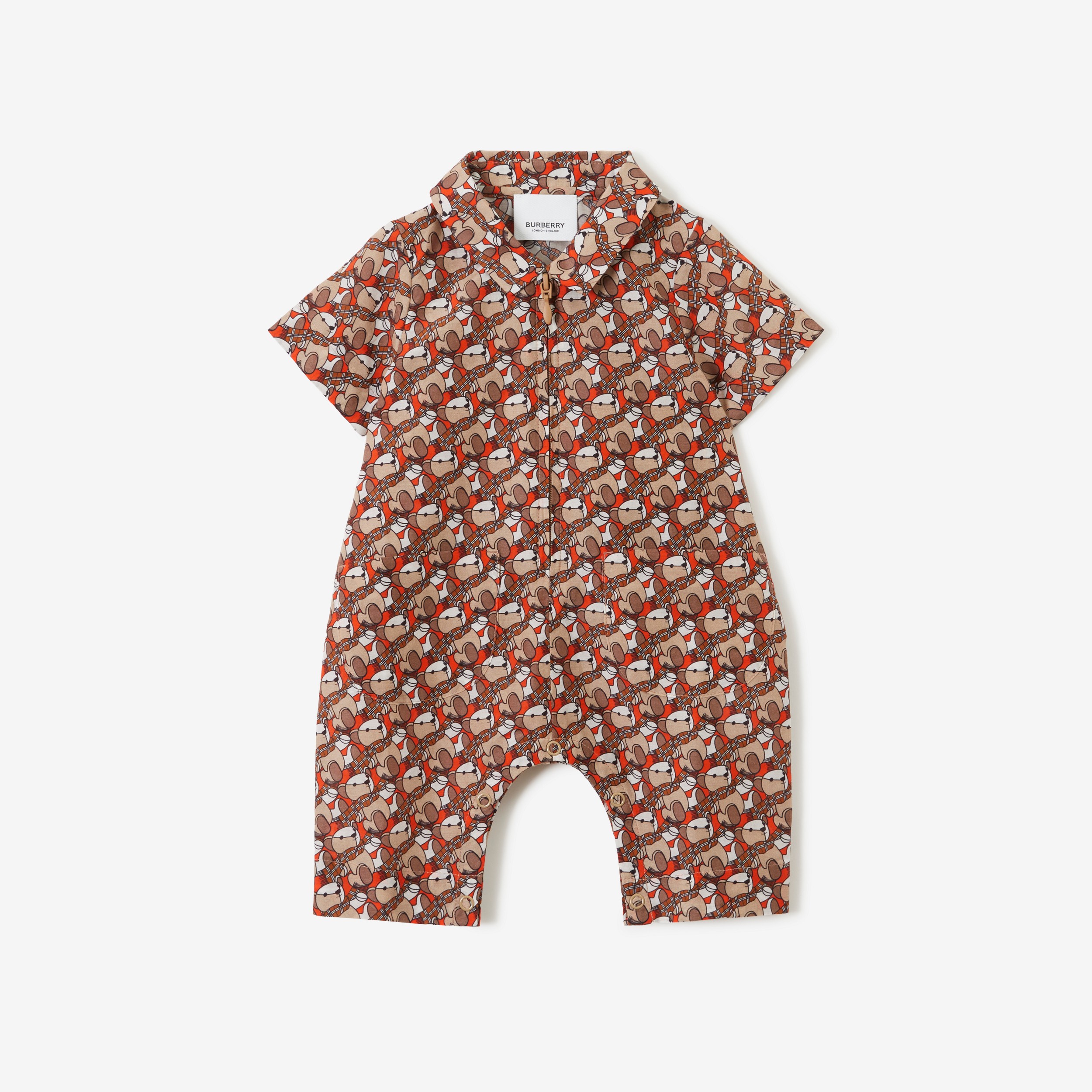 Thomas Bear Print Cotton Silk Playsuit in Scarlet Orange - Children | Burberry® Official - 1