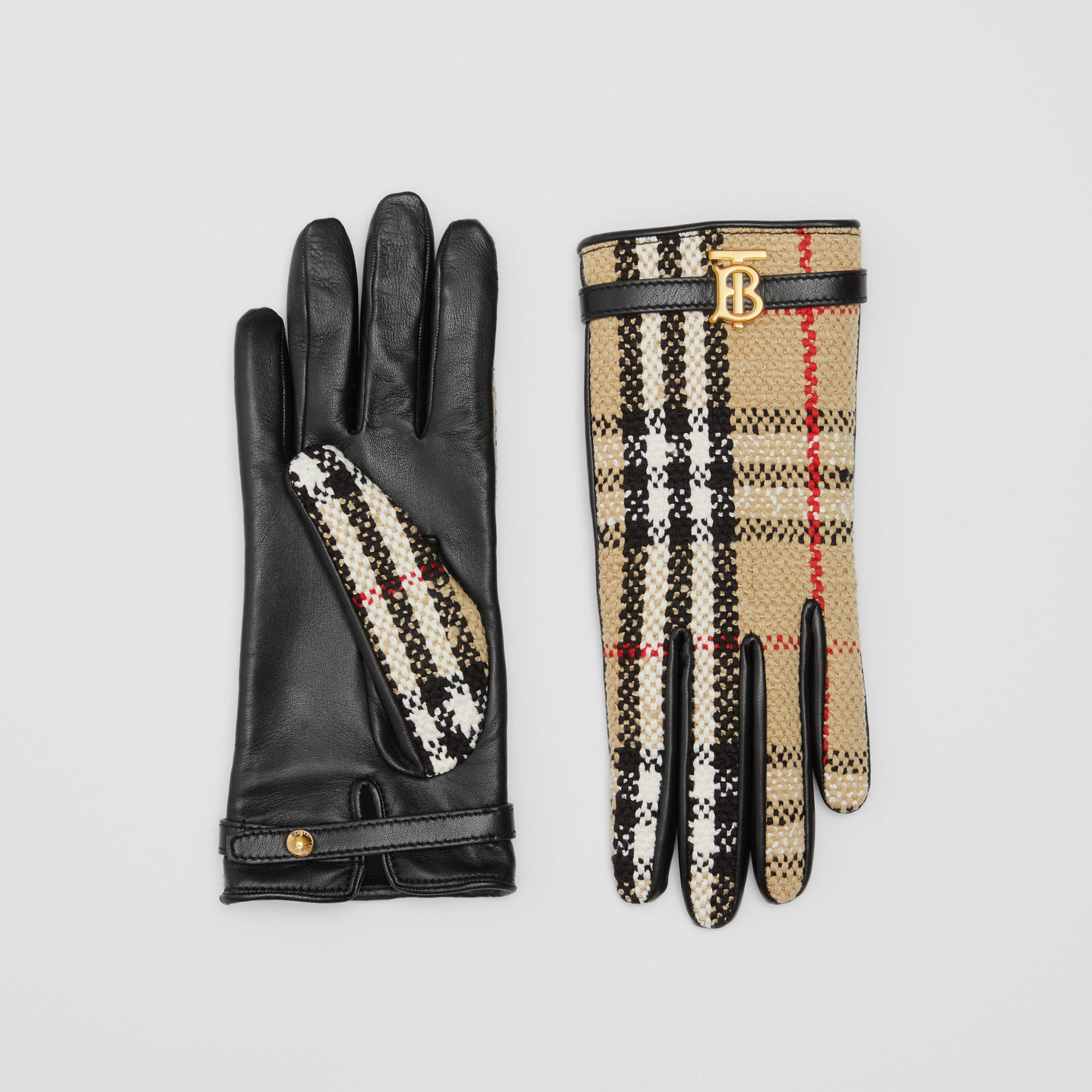 Luvas de couro e Vintage Check Bouclé (Bege Clássico) | Burberry® oficial - 1