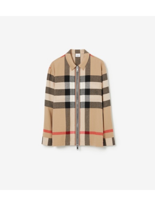 Shop Burberry Check Wool Cotton Overshirt In Archive Beige