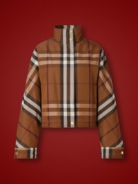 Dark Birch Brown Check Nylon Funnel Neck Jacket