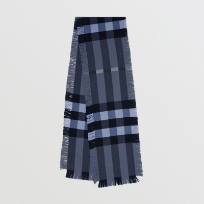 Fringed Check Wool Scarf in Bright Navy 