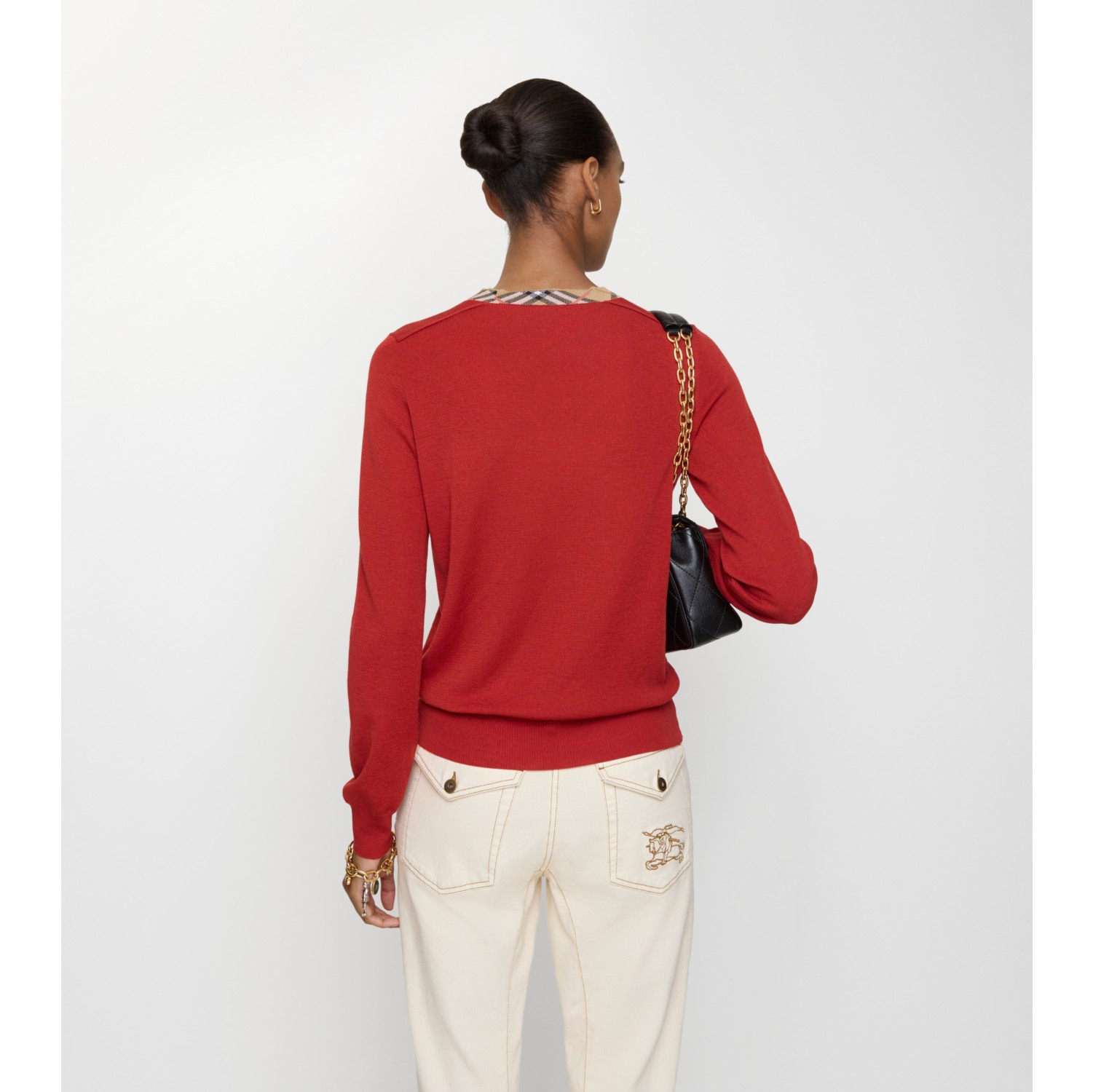 Check Trim Wool Sweater in Crimson - Women | Burberry® Official