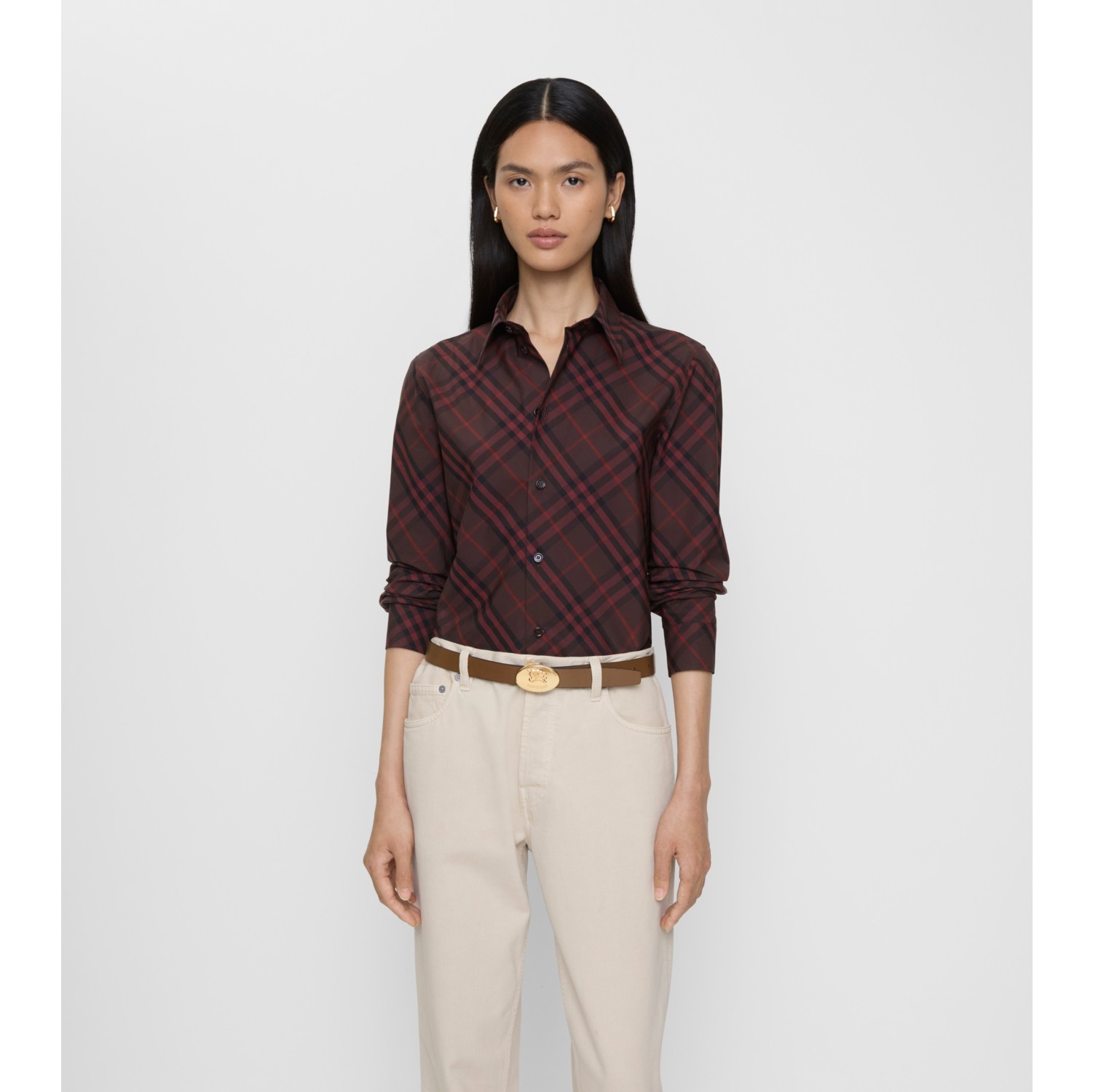 Slim Fit Check Cotton Shirt in Wine red - Women | Burberry® Official