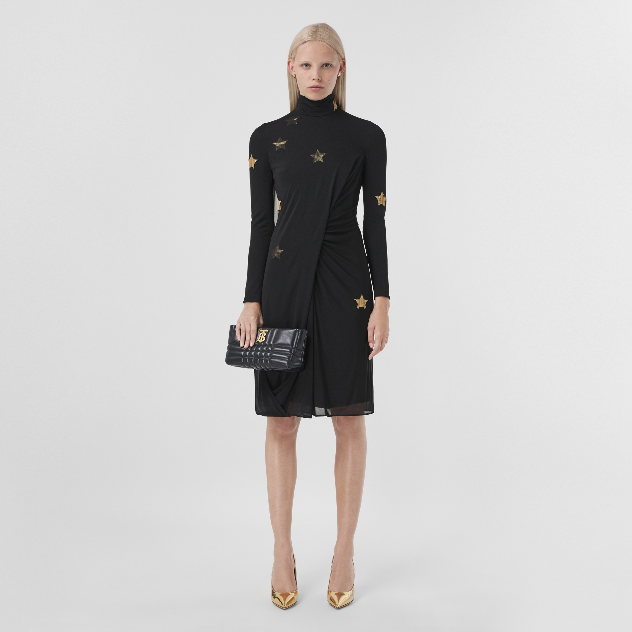 Long-sleeve Star Motif Gathered Silk Viscose Dress in Black - Women | Burberry® Official - 1