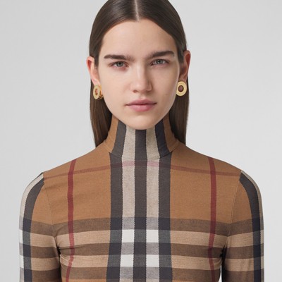 Check Stretch Jersey Turtleneck Top in Birch Brown - Women | Burberry®  Official