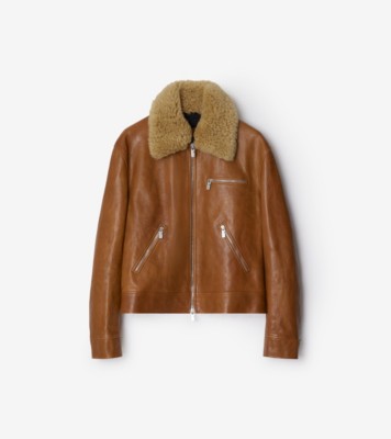 Shearling Collar Leather Jacket in Hazel Men Burberry Official