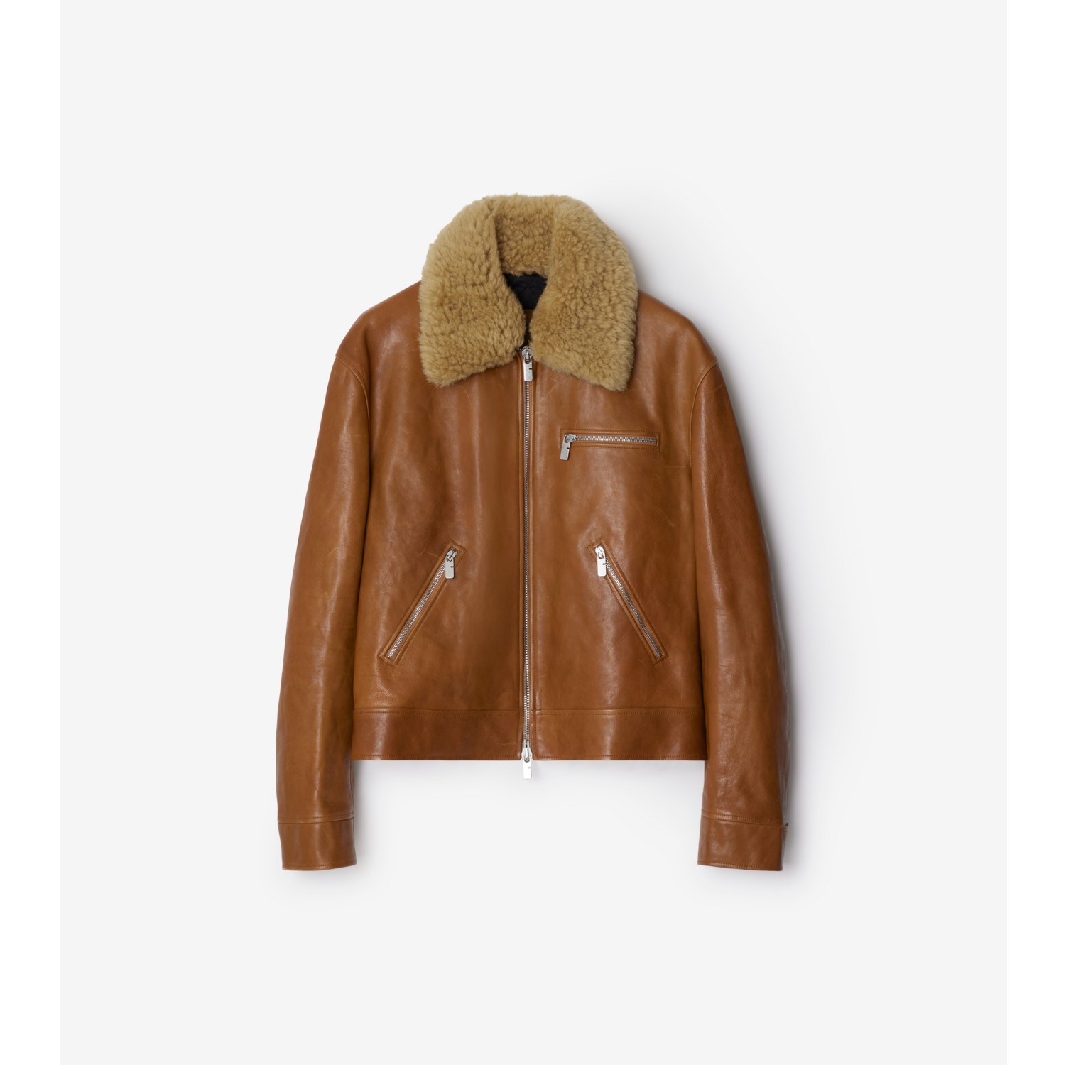 Shearling Collar Leather Jacket in Hazel Men Burberry Official