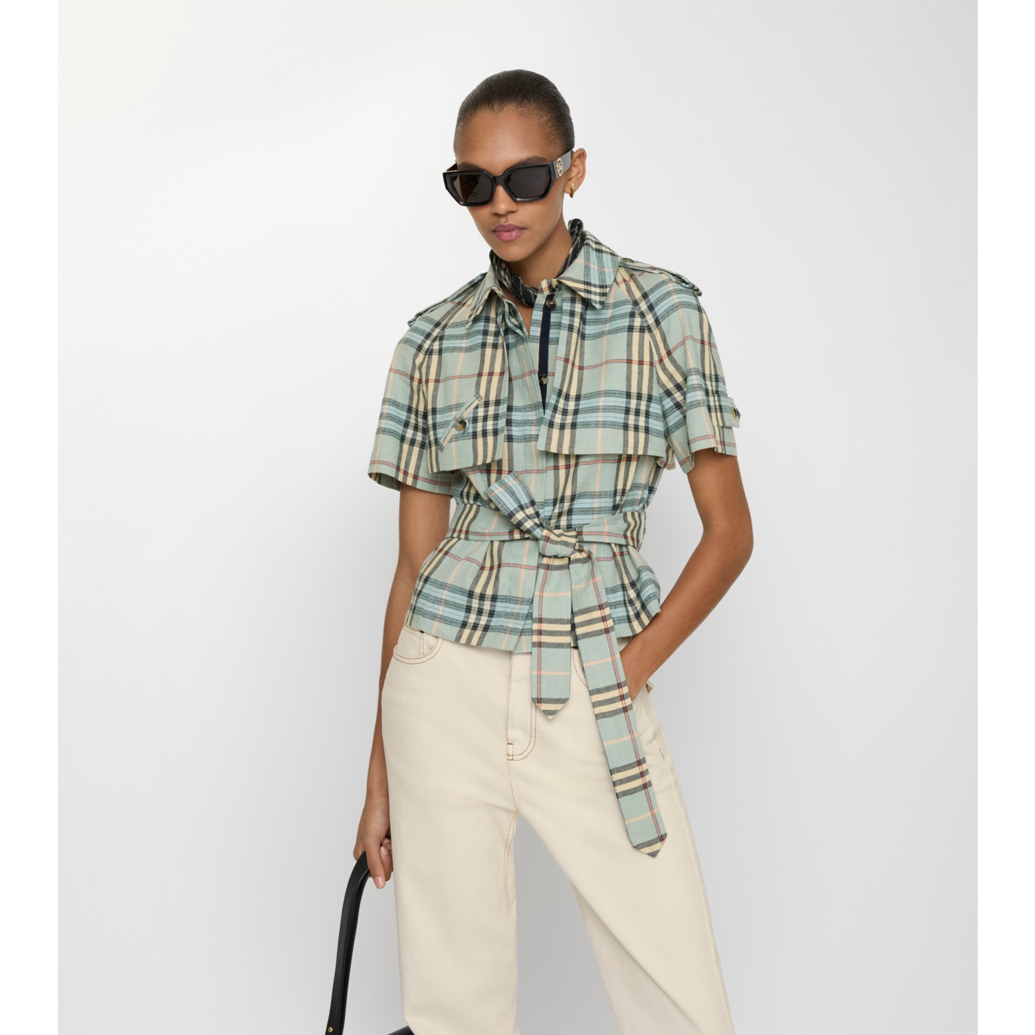 Cropped Check Linen Wool Trench Shirt