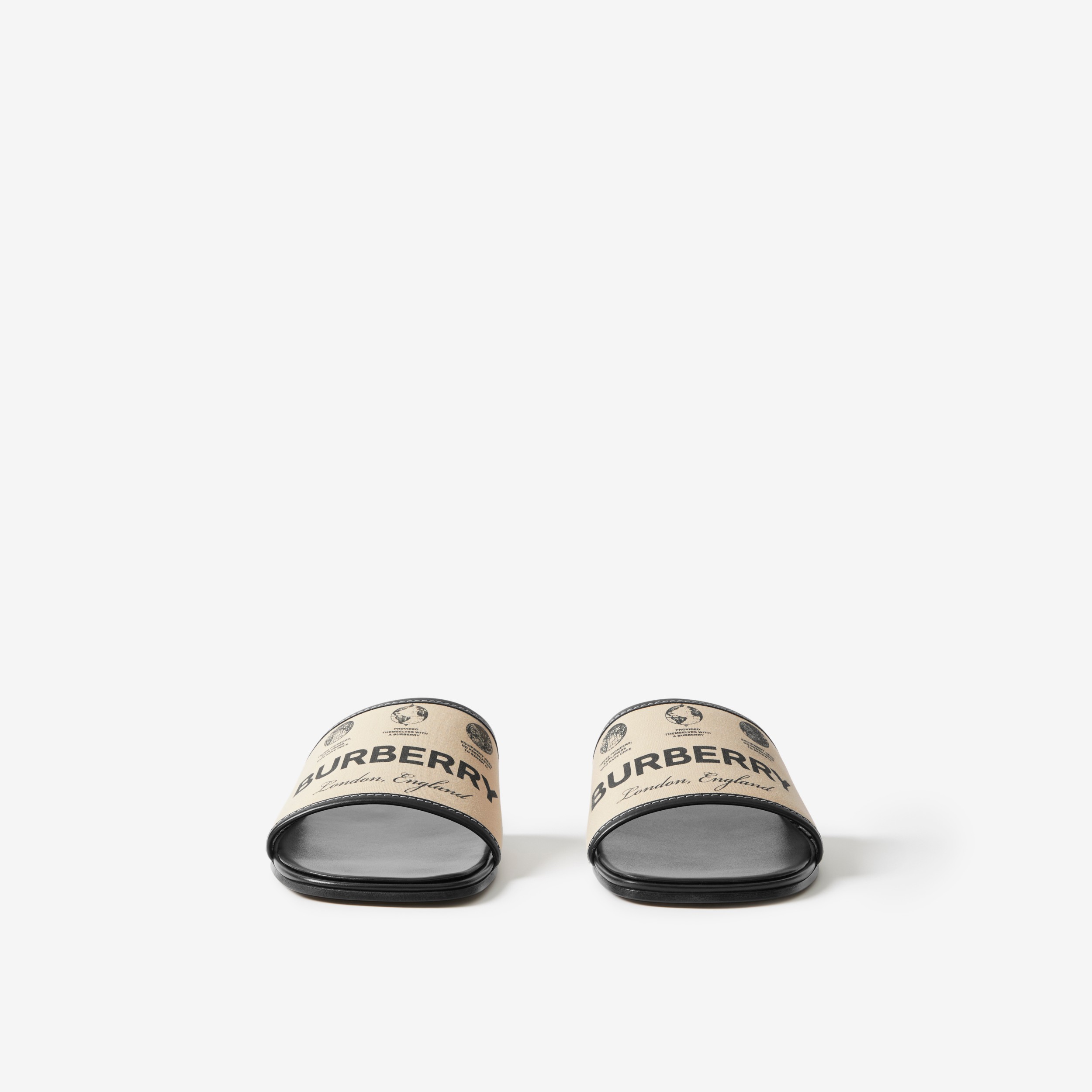 Chinelos em couro e gabardine com estampa de etiqueta (Bege) - Mulheres |  Burberry® oficial