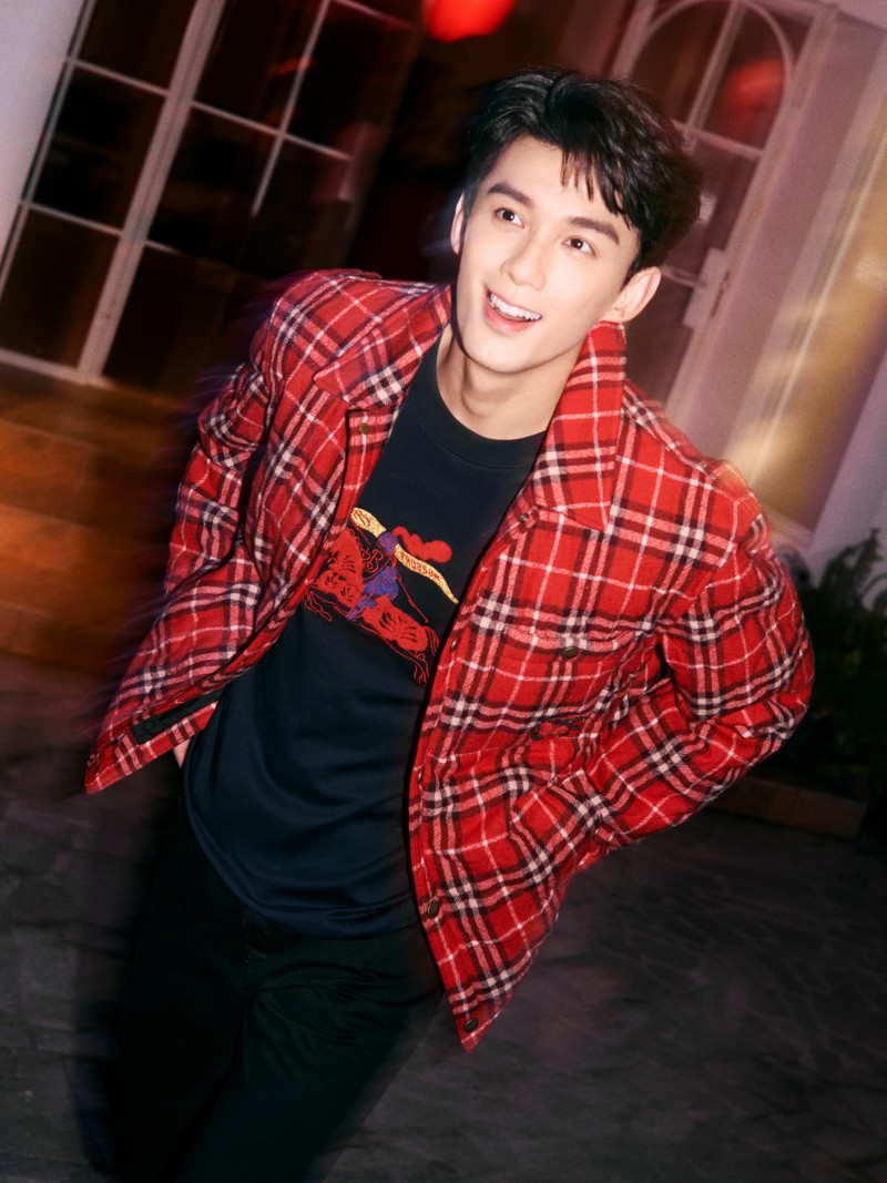 Shot of Model wearing Burberry Check Shirt in Red with a Black Burberry Polo Shirt