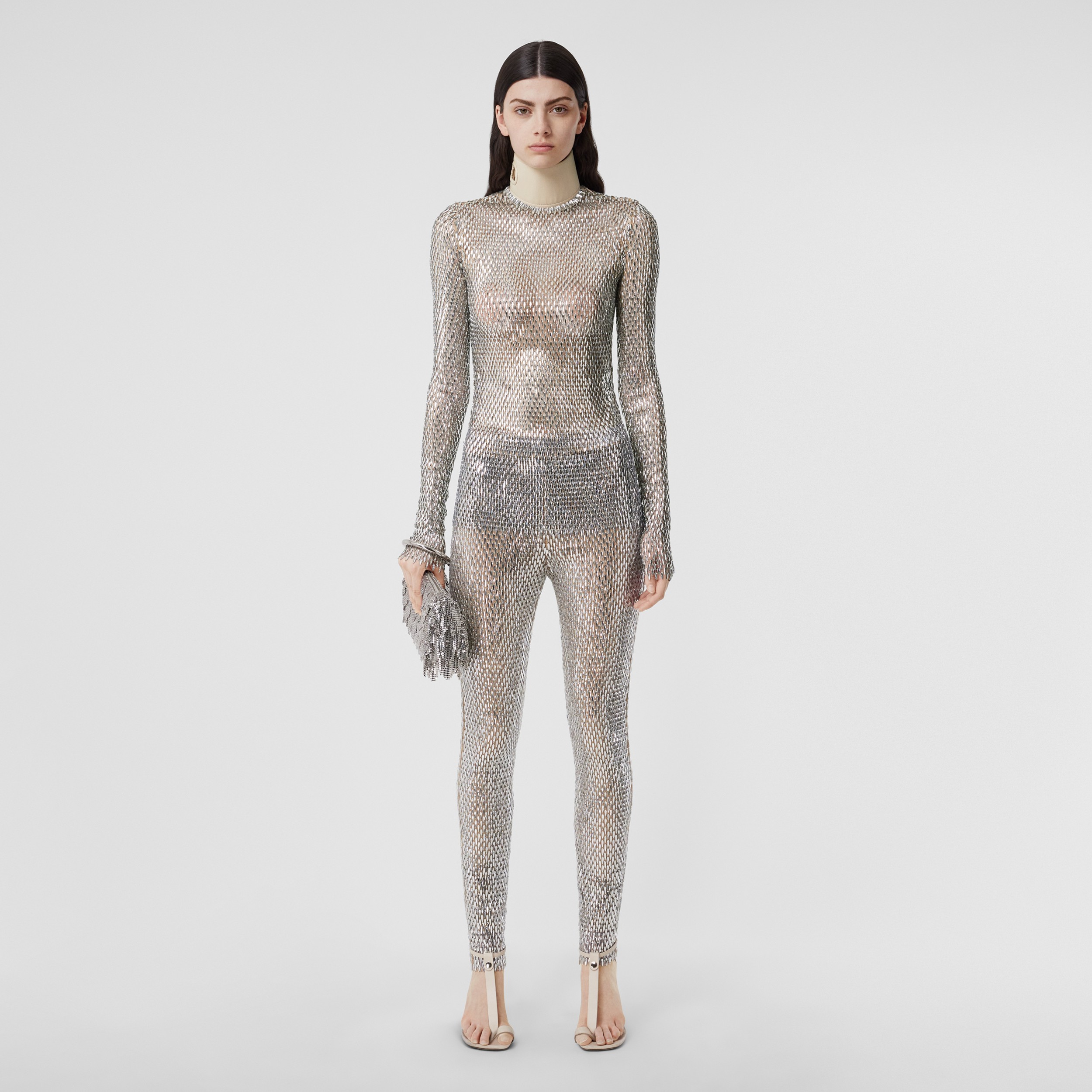 Metallic Crystal-embellished Mesh Leggings in Clear - Women | Burberry® Official - 1