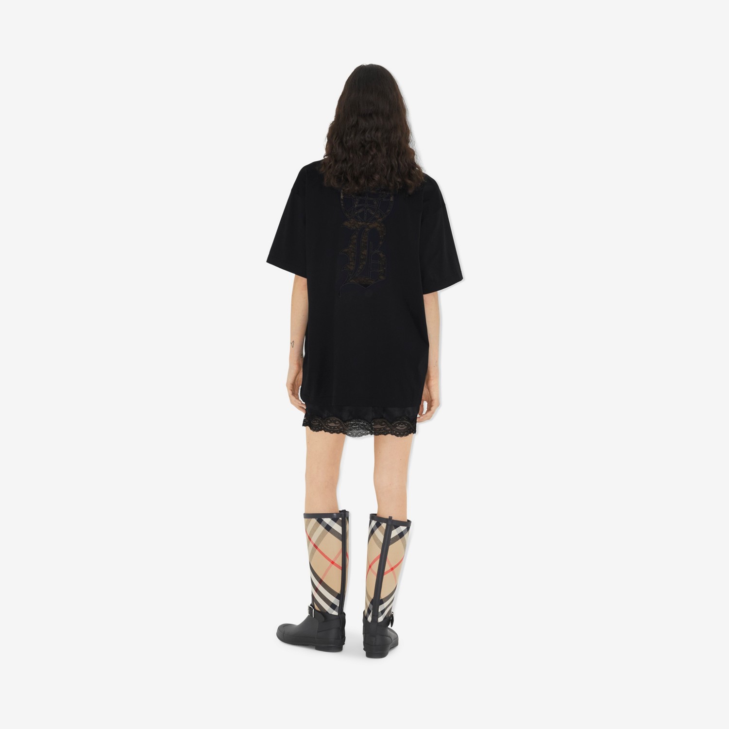 레이스 로고 코튼 오버사이즈 티셔츠 (블랙) - 여성 | Burberry®
