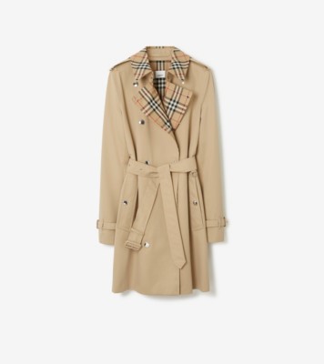 Short Check Collar Gabardine Trench Coat in Honey - Burberry