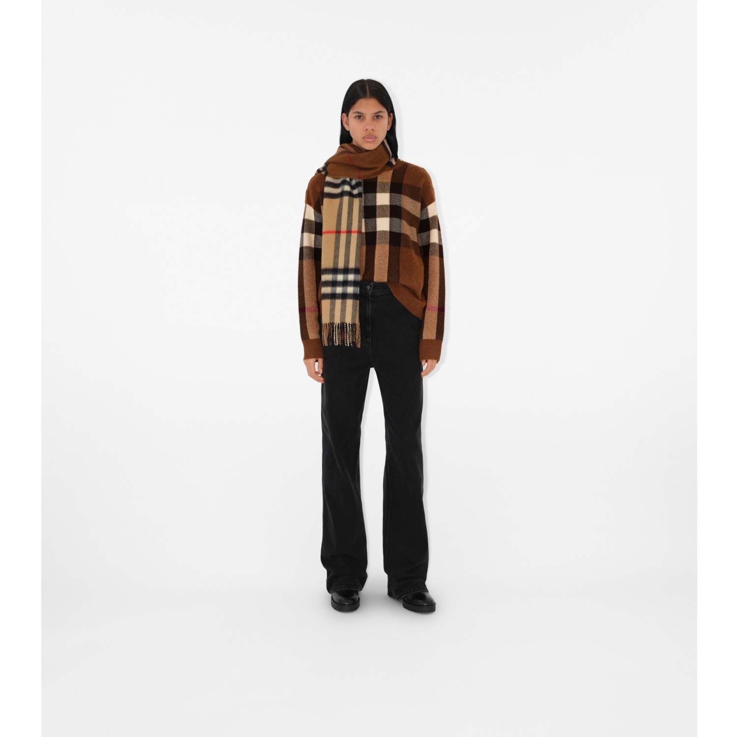 Contrast Check Cashmere Scarf in Archive beige/birch brown