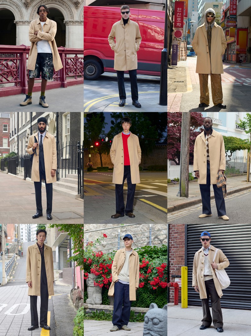 Grid of 9 Shots of a mixture of personalities & Burberry employees wearing the Mid-length Camden Heritage Car Coat in Honey beige