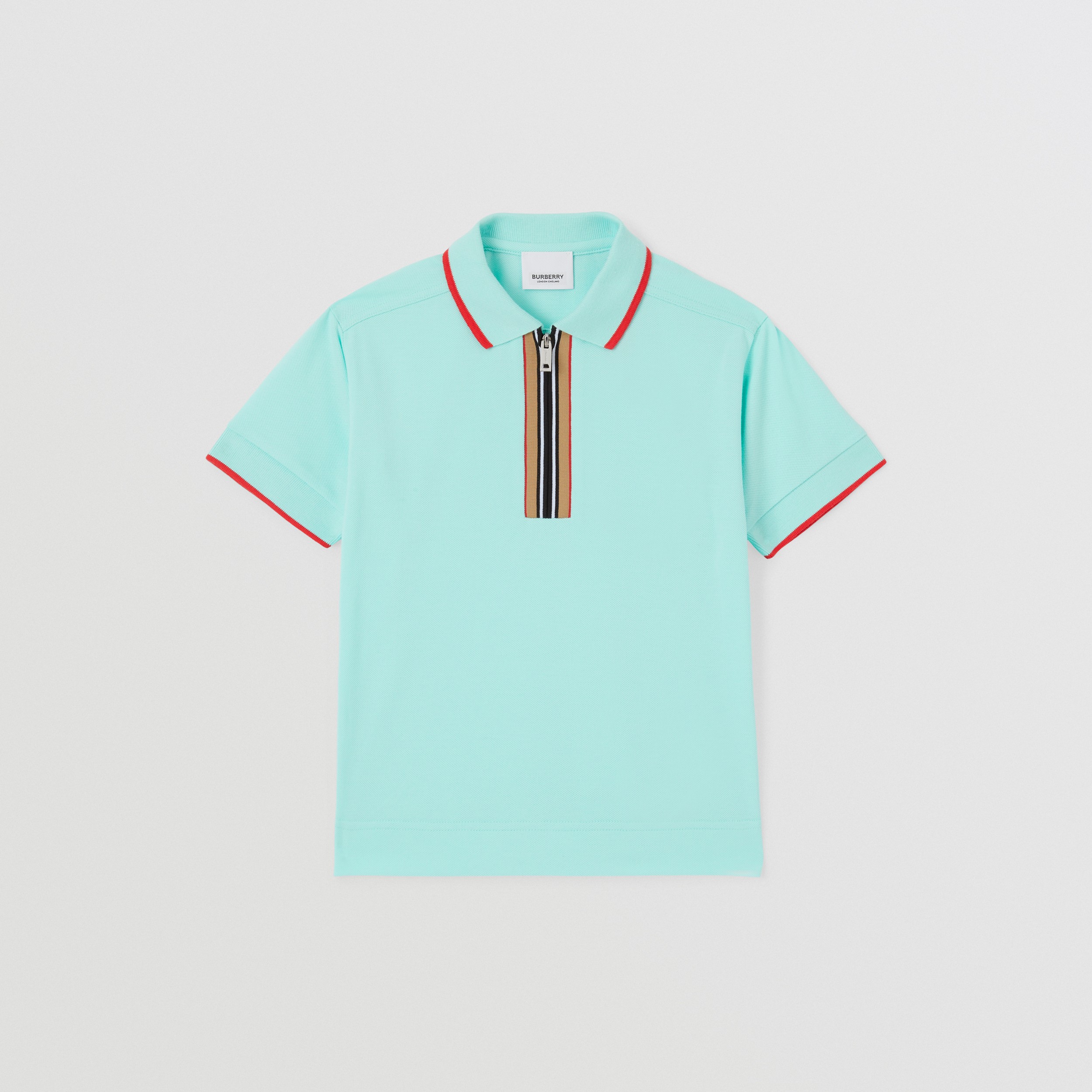 Icon Stripe Detail Cotton Zip-front Polo Shirt in Light Aqua Blue | Burberry® Official - 1
