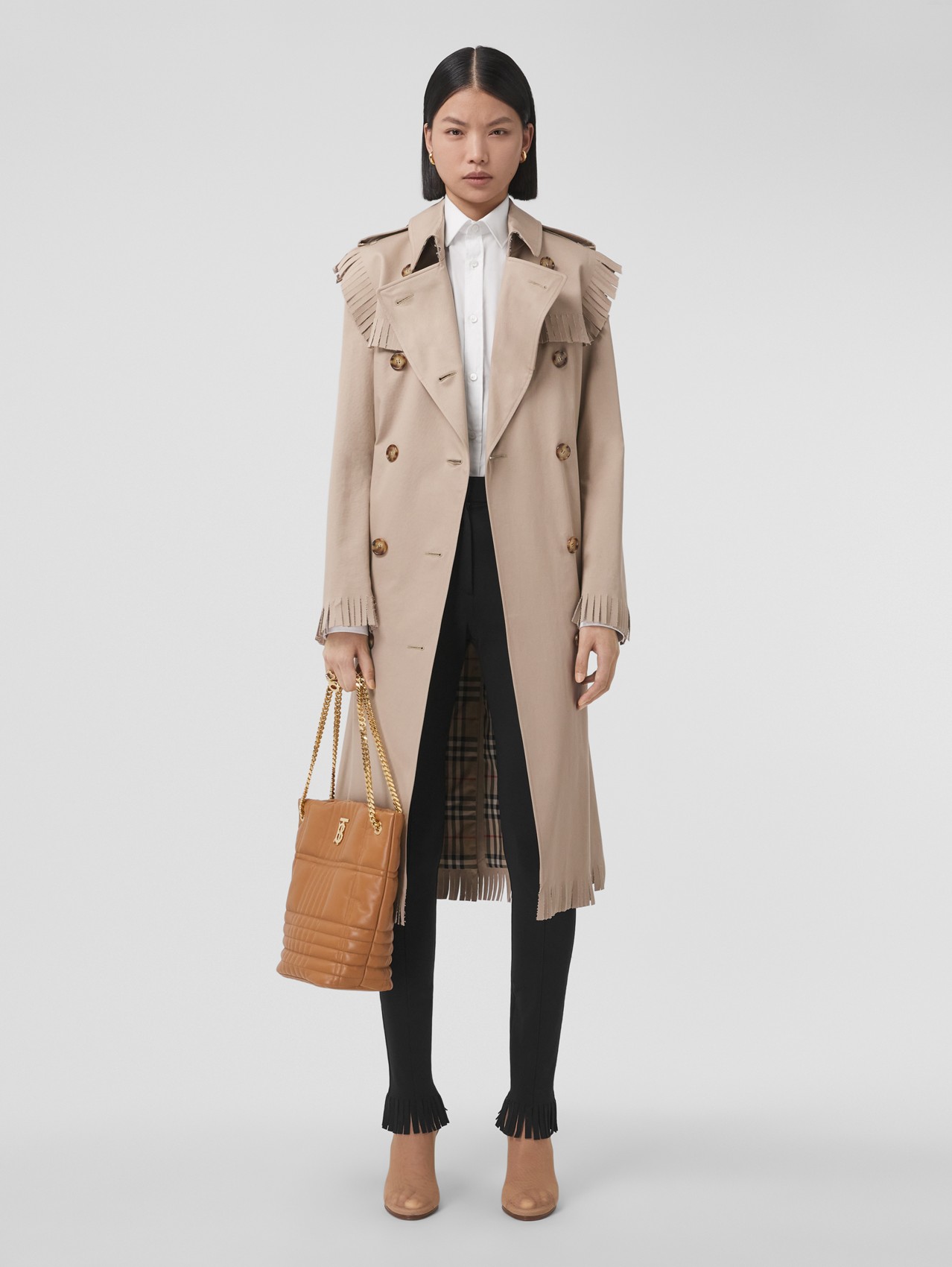 Fringed Cotton Gabardine Trench Coat in Soft Fawn