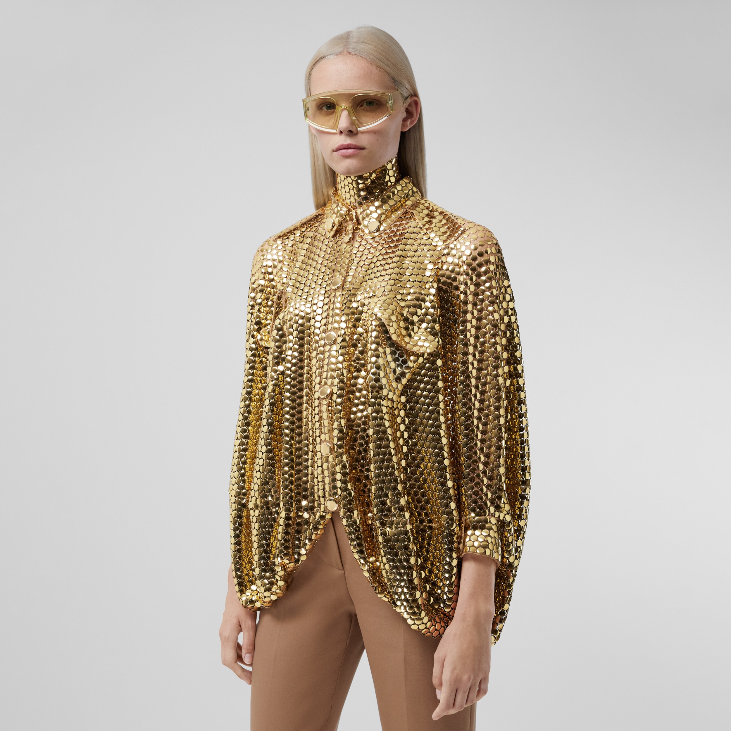 Metallic Paillette-embellished Mesh Cape Shirt in Gold - Women | Burberry® Official - 1
