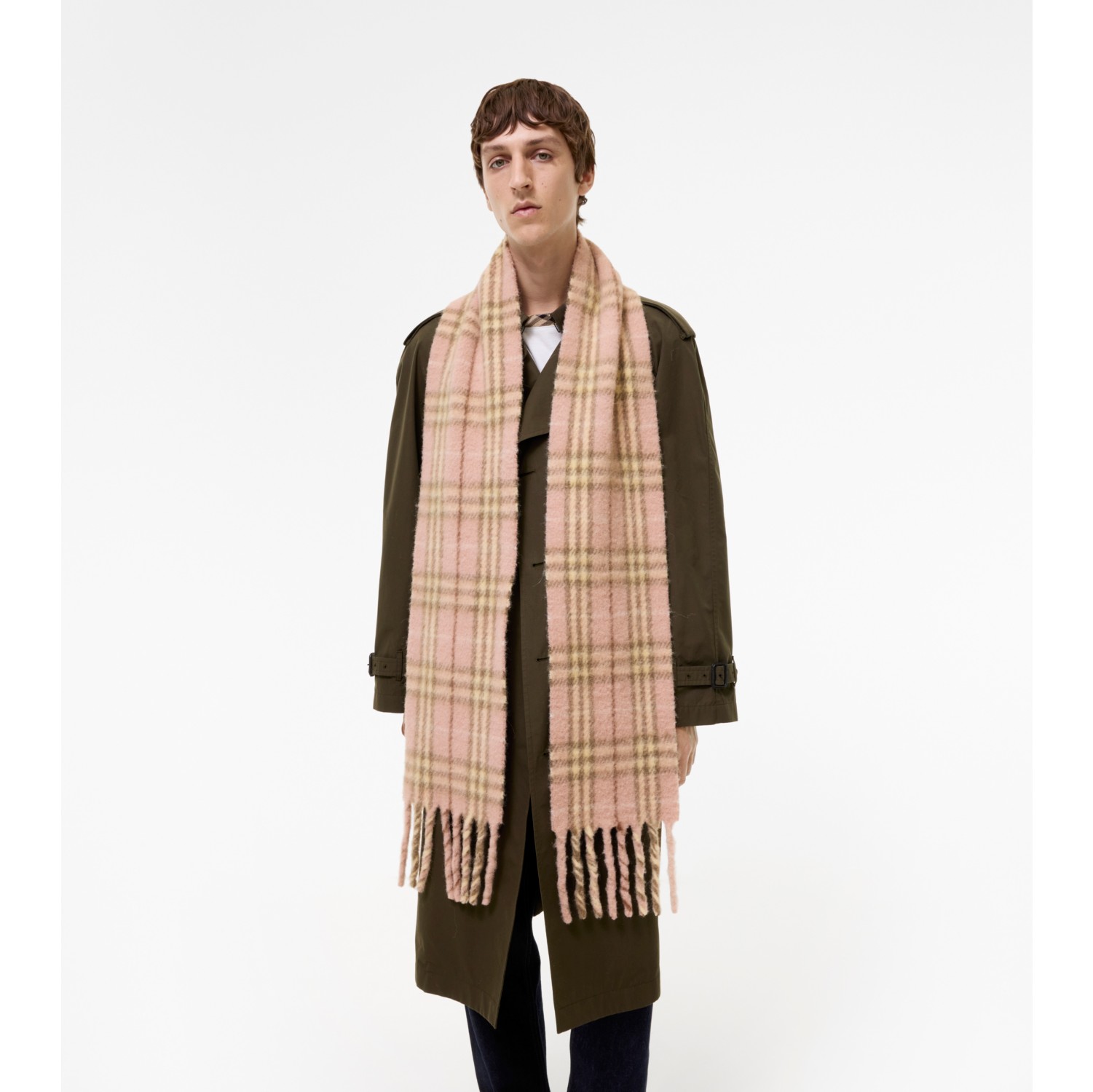 Narrow Check Alpaca Wool Blend Scarf in Teacup pink | Burberry® Official