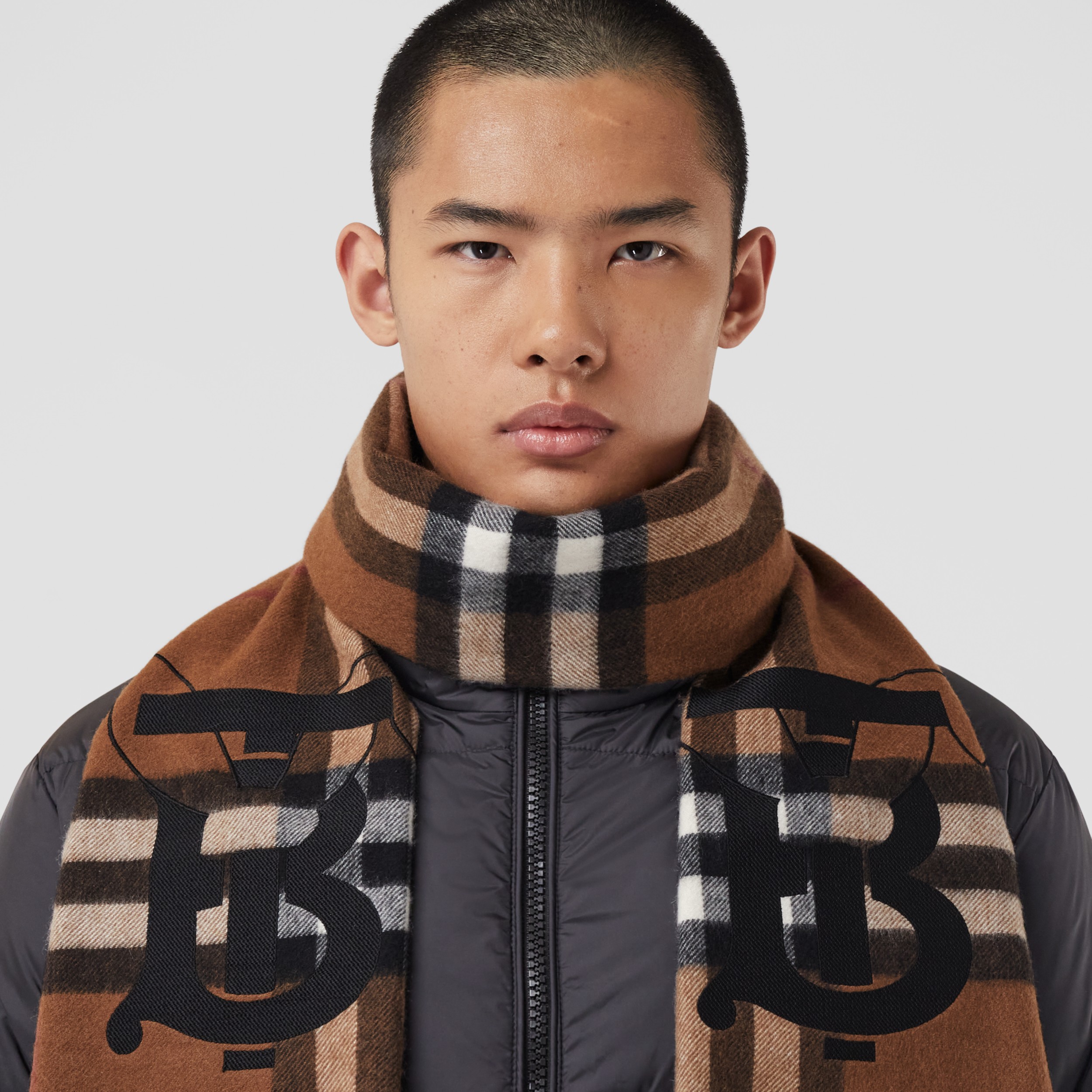 Embroidered Rabbit Check Cashmere Scarf in Dark Birch Brown | Burberry® Official - 4