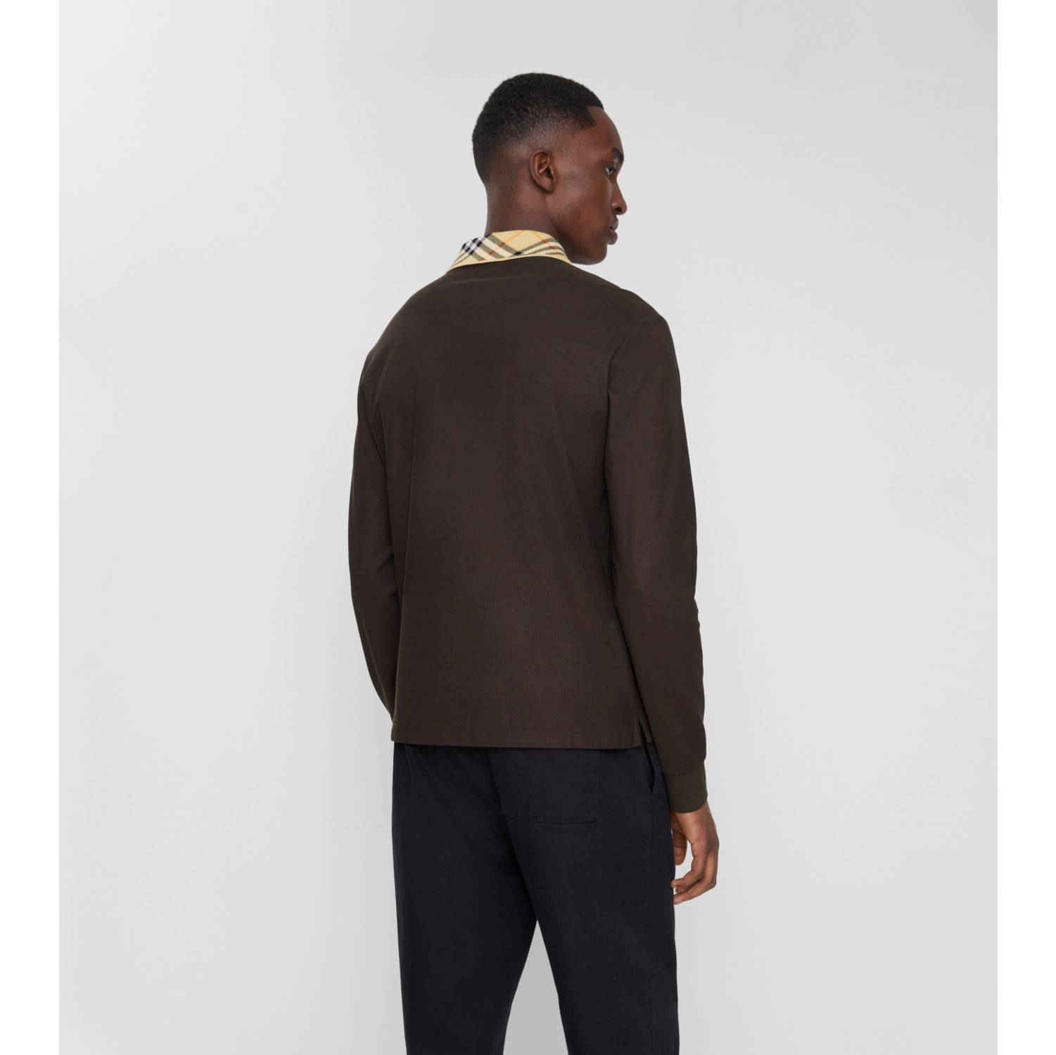 Long-sleeve Check Collar Cotton Polo Shirt