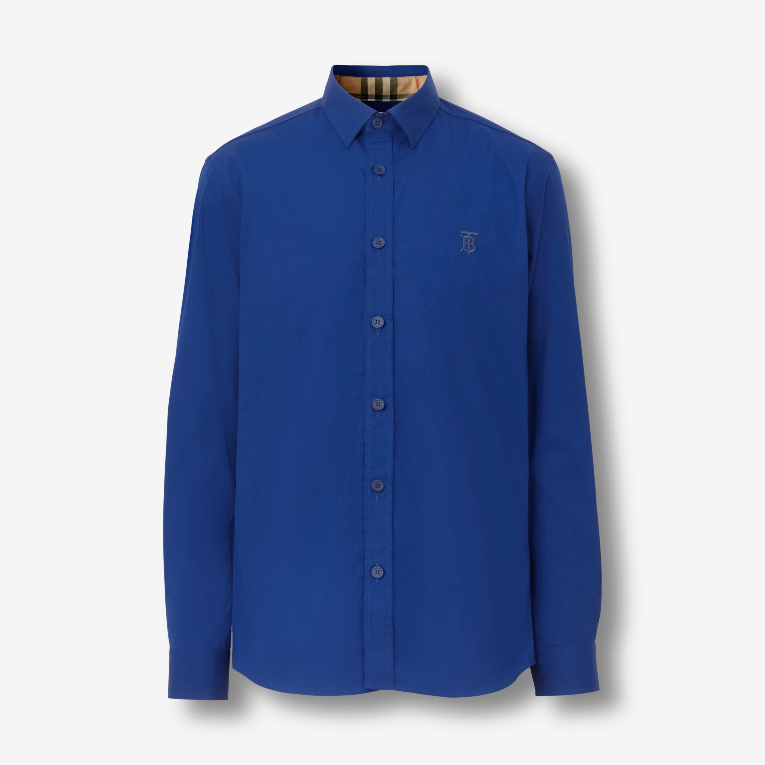 Slim Fit Monogram Motif Stretch Cotton Poplin Shirt in Deep Royal Blue -  Men | Burberry® Official