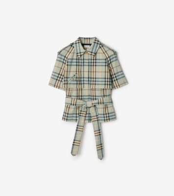 週末SALE＊Burberryチェック柄クロップドブラトップタンクトップL Cropped Check Linen Wool Trench Shirt in Pale slate blue/black