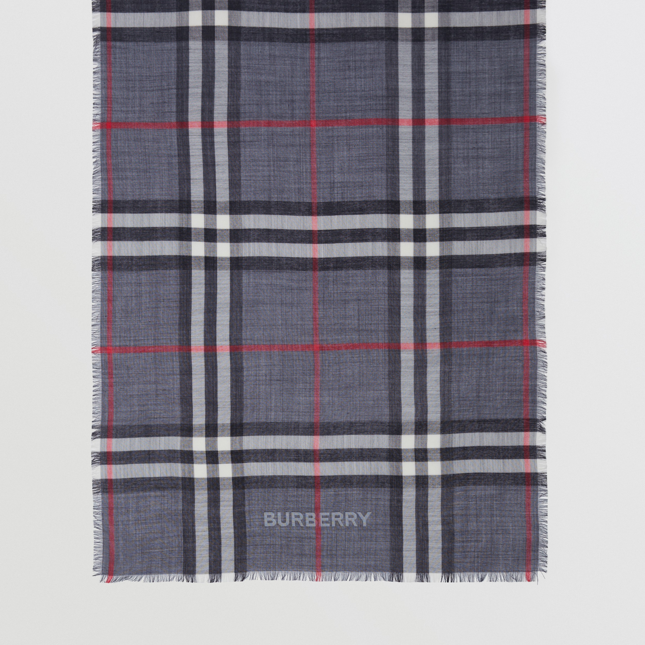 Lightweight Check Wool Silk Scarf in Navy | Burberry® Official - 3