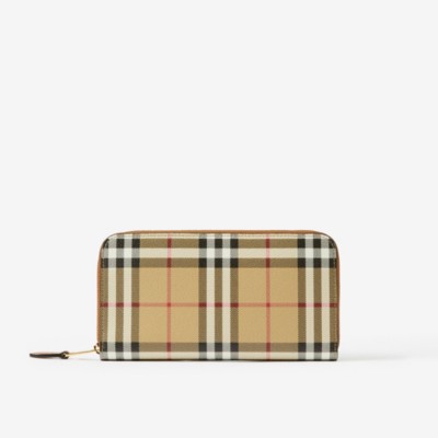 Burberry Compact Wallet With Zip In Beige Polyurethane Tartan Pattern In Archive Beige/birch Brown