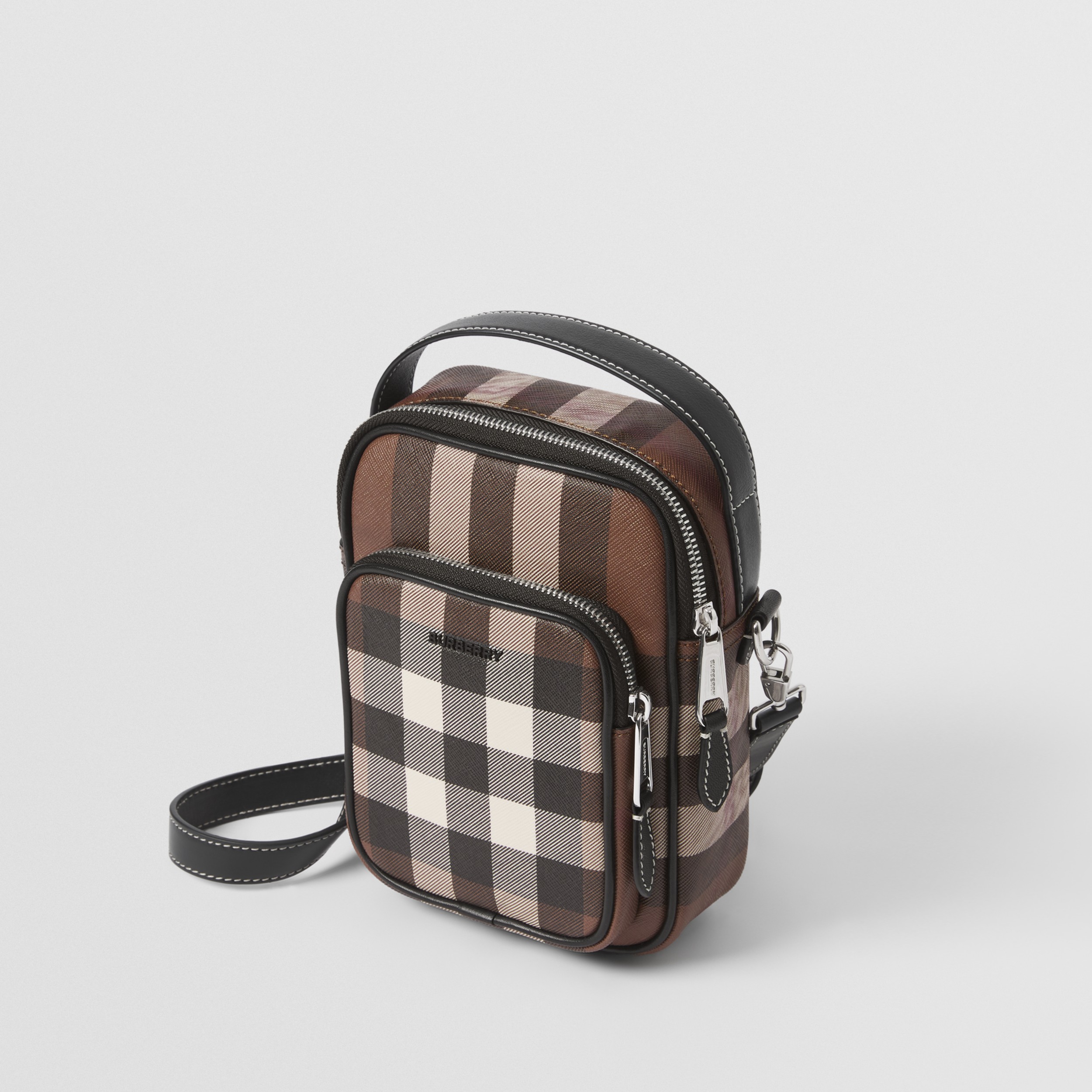 Check and Leather Crossbody Bag in Dark Birch Brown Men Burberry