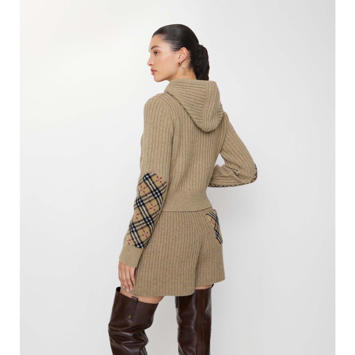 Check Patch Wool Cashmere Hoodie in Light brown melange - Women | Burberry® Official