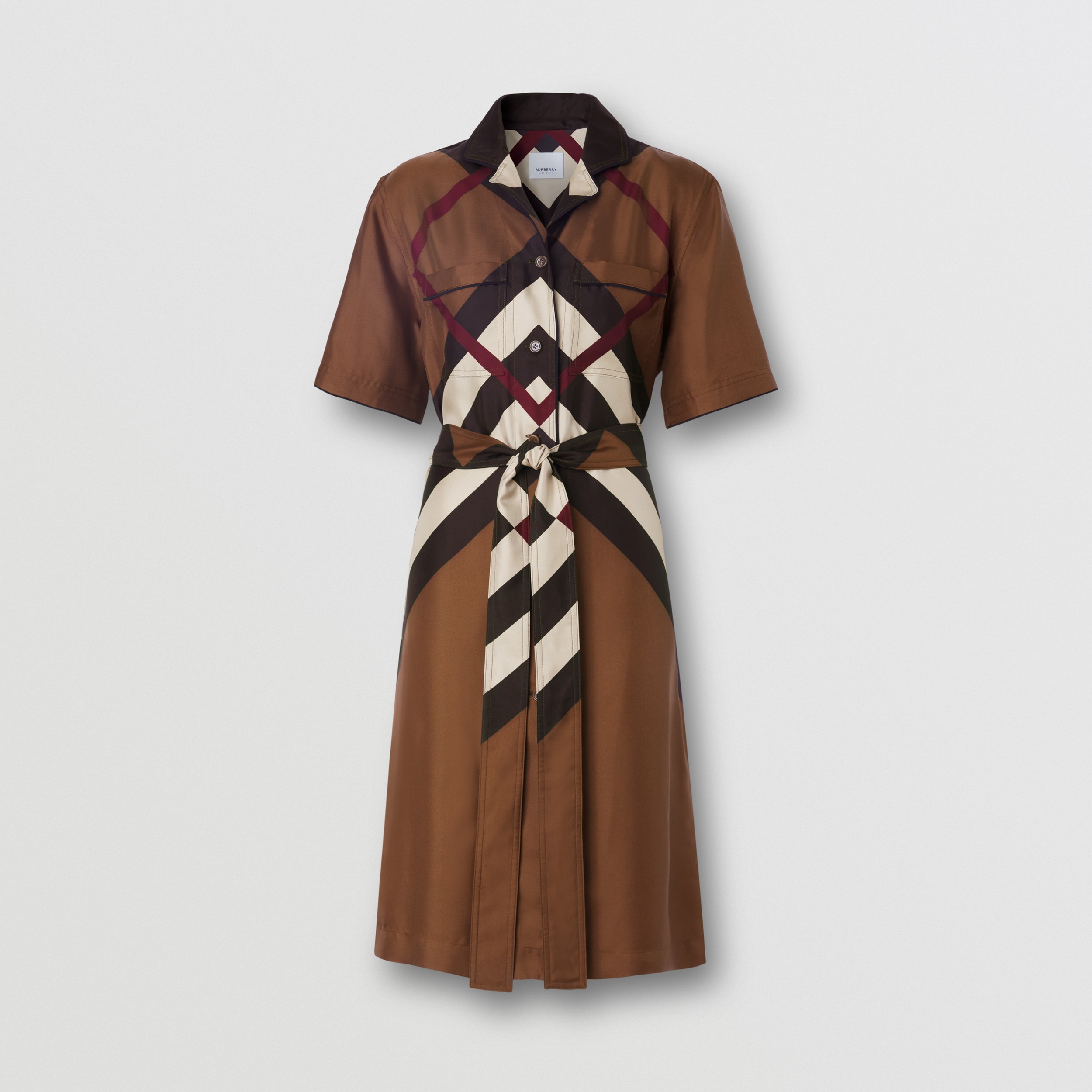 Chevron Check Silk Shirt Dress in Dark Birch Brown - Women | Burberry® Official - 4