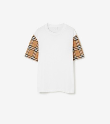 Check Sleeve Cotton T-shirt in White - Women | Burberry® Official