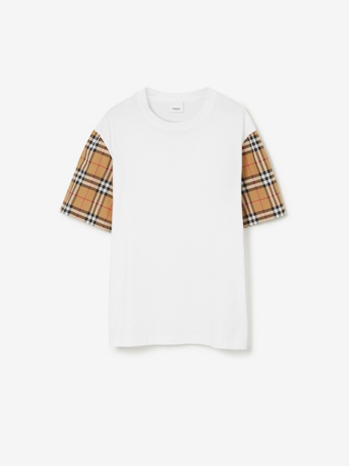 Shop Burberry Check Sleeve Cotton T-shirt In White