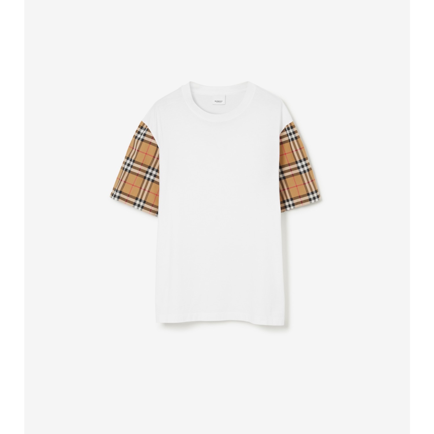 Check Sleeve Cotton T-shirt in White - Women | Burberry® Official